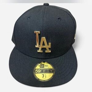 New Era Black Fitted Hat with Gold LA Emblem